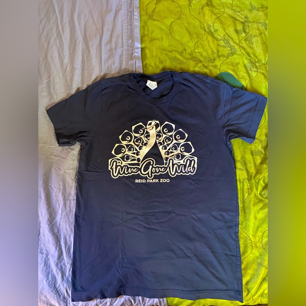 Women’s Navy Blue Reid Park Zoo “Wine Gone Wild” Tucson, Az, Peacock T shirt